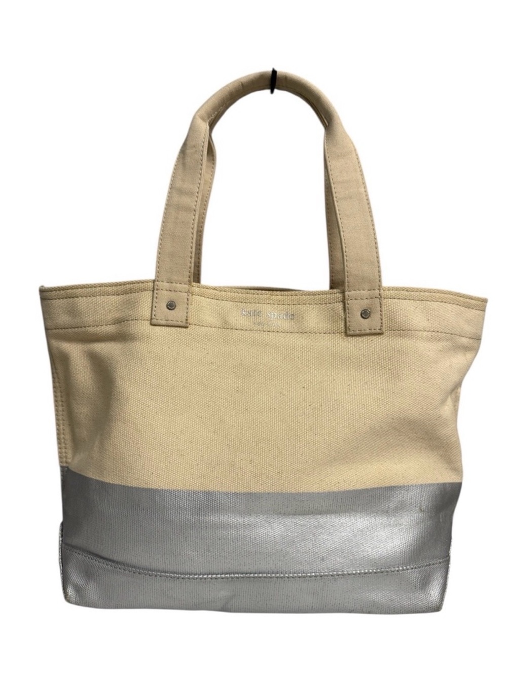 kate spade Cream Canvas Tote Silver‎ Metallic Panel Nautical Beach Vacation